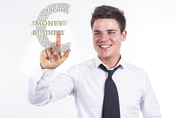 Euro sign - Young businessman touching word cloud