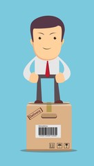 businessman, manager or logistic stands on box.
