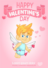Poster with funny cupid cartoon character with bow and arrow. Vector illustration for Valentine's Day isolated on blue background. 