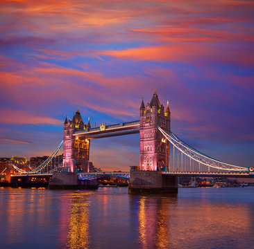 London Tower Bridge sunset on Thames river