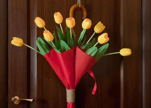 Yellow Tulips In A Red Umbrella On The Door