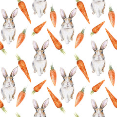 Watercolor seamless patter with cute rabbits and carrots isolated on white. Easter repeating background with bunnies.
