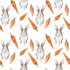 Photo sur Plexiglas Lapin Motif harmonieux d& 39 aquarelle avec de mignons lapins et carottes isolés sur blanc. Arrière-plan répétitif de Pâques avec des lapins.