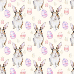 Watercolor seamless Easter pattern with bunnies and colored eggs. Repeating background  with rabbits isolated on white.