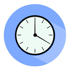 Clock icon, illustration of a flat design with long shadow.  blue clock