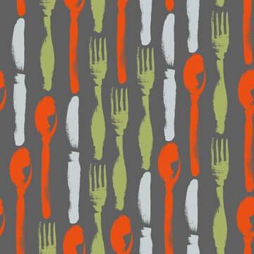 Seamless pattern of knifes, forks, spoons. Hand drawn illustration. Background for restaurant and cafe menu.