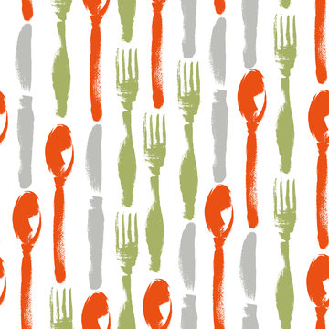 Seamless pattern of knifes, forks, spoons. Hand drawn illustration. Background for restaurant menu. Sketch of silverware.