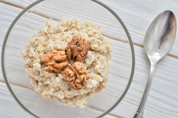 Healthy eating right.  Oatmeal with walnuts