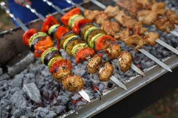 Beef and chicken kebab. Fresh meat at grill, bbq