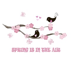 Typography banner Spring is in the air, black birds on blooming branch, pink flowers, butterfly, hearts on white, stock vector illustration