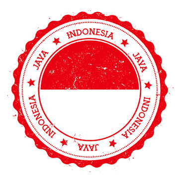 Java flag badge. Vintage travel stamp with circular text, stars and island flag inside it. Vector illustration.