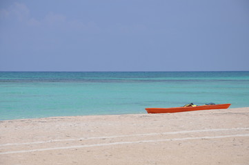 A boat on the beach with beautiful clear water