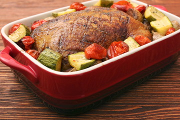 Duck roast with baked vegetables
