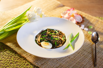 Udon noodle soup with vegetables in white plate Rustic