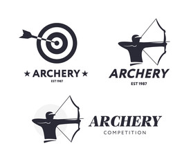Abstract archery logo. Vector badge concept. Archer with sport bow and target with arrow. Archery competition.