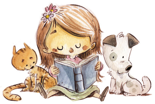 niña leyendo con perro y gato