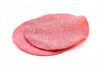 Obraz na płótnie Canvas Salami smoked sausage one slice isolated on white background cut