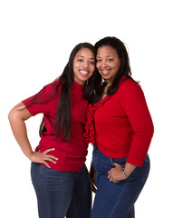 A mother and her grown daughter isolated on white