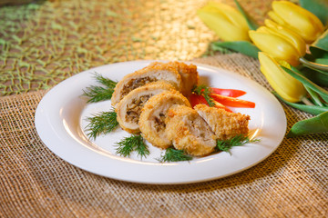 baked chicken cutlet with cheese and mushrooms