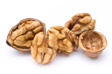 Walnut and walnut kernel isolated on the white background.