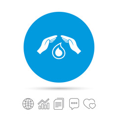 Save water sign icon. Hands protect water drop.