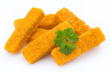 Fish fingers on the white background.