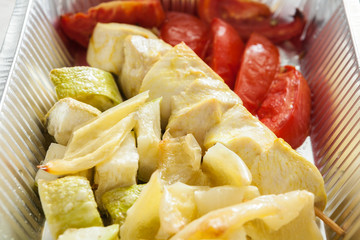 Healthy food in boxes, diet concept.