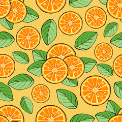 Citrus slices and leaves. Seamless pattern. Vector illustration.