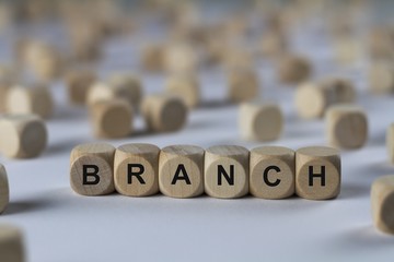 branch - cube with letters, sign with wooden cubes