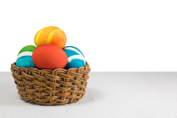 Easter eggs lying in a basket. Happy easter. Space for text.