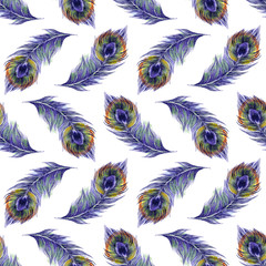 Watercolor seamless pattern with peacock feathers. Cute hand drawn illustration