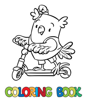 Coloring book of funny little funny baby owl rides a scooter. Children vector illustration