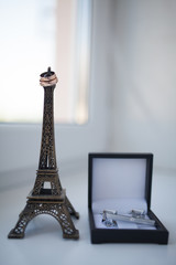 Just married in Paris. Two wedding rings on miniature Eiffel Tower