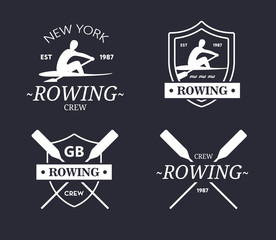 Rowing team logo. Vector emblem of rowing crew with paddles. Rower silhouette.