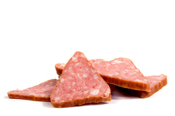 Salami smoked sausage slices isolated on white background cutout
