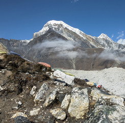 Mountain landscape with Gokyo glacier and snow-capped peaks on background - Nepal, Himalayas