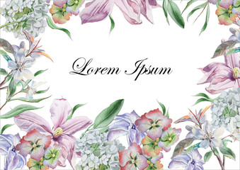 Invitation card with watercolor flowers. Clematis. Hydrangea.