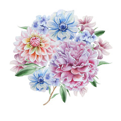 Watercolor bouquet with flowers. Dahlia. Anemone. Peony.