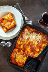 classic Italian eggplant Lasagna with vegetables and red wine in