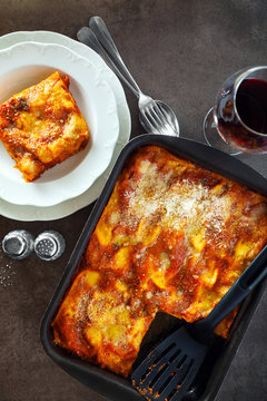classic Italian eggplant Lasagna with vegetables and red wine in
