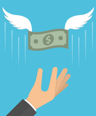 Hand trying to catch the flying dollar bill. Chasing or losing money concept. Flat design