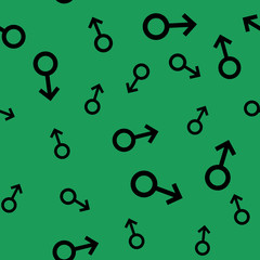 Seamless pattern with black male symbols. Male small signs different sizes. Pattern on green background. Vector illustration