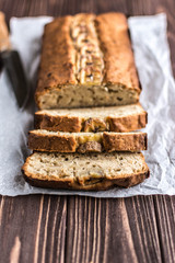 Homemade banana cake on a wooden background