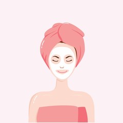 Woman with Beauty Mask on the Face with Towel on Head Vector Illustration Clipart