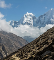 The trek in the Gokyo region with Kantega peak on backgroung - Nepal, Himalayas