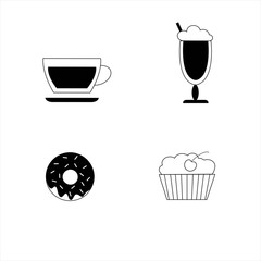 cups of coffee, donut and cake icons set