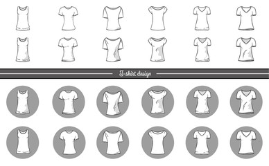 Vector illustration of line art style and realistic women's t-shirt without mesh. Front view. Set t-shirts mockup.