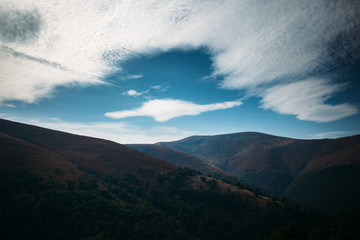 Mountain range in the Carpathians under the blue sky. Ukraine