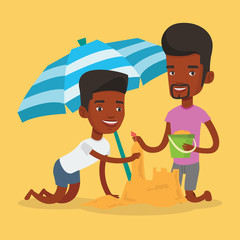 Friends building sandcastle on beach.