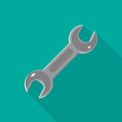 Wrench tool, spanner icon isolated on green. Colored vector flat illustration for web site, mobile app.  Auto service, car repair, settings, toolbox, toolbar, key sign with long shadow